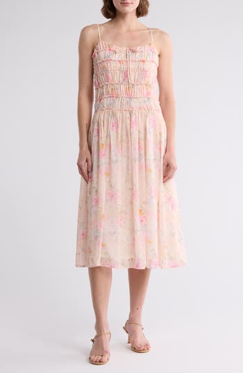 Lush Shirred Fit & Flare Midi Dress In Pink