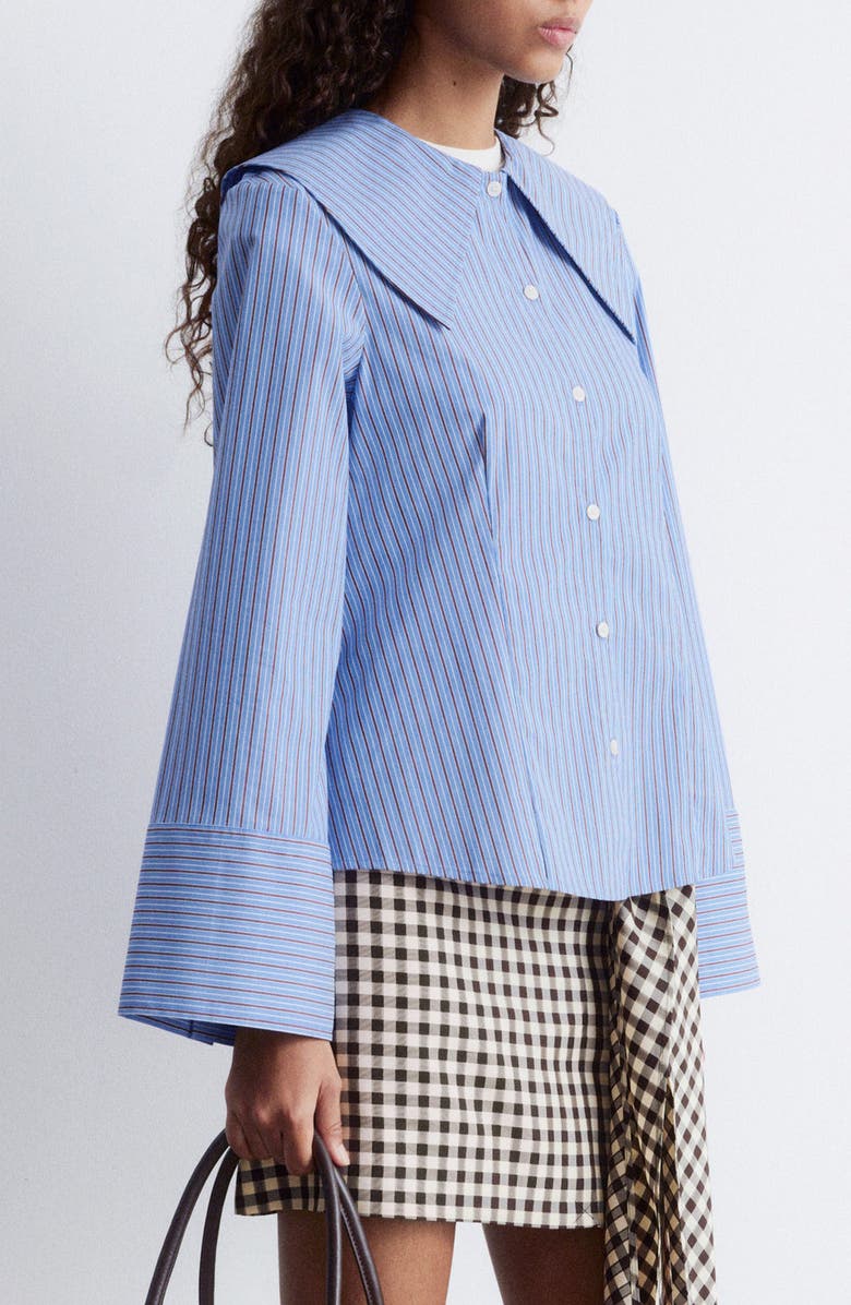 & Other Stories Stripe Oversize Collar Stretch Cotton Blend Button-Up Shirt, Alternate, color, Blue Medium