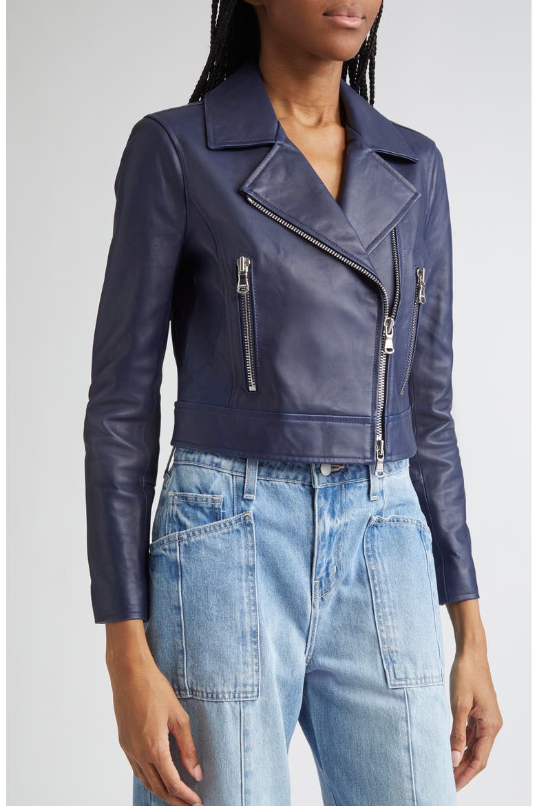 Onna Crop Leather Biker Jacket, Alternate, color, NAVY