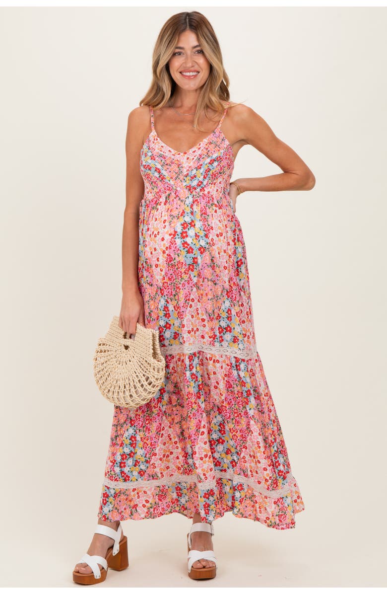 PinkBlush Smocked Bust V Neck Lace Trim Maxi Dress, Main, color, Pink