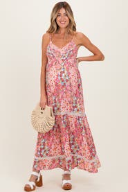 PinkBlush Smocked Bust V Neck Lace Trim Maxi Dress