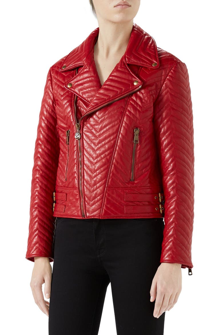Heart Quilted Leather Biker Jacket, Main, color, HIBISCUS RED