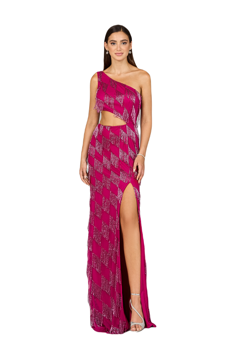 LARA New York One Shoulder Fringe Gown, Main, color, Raspberry