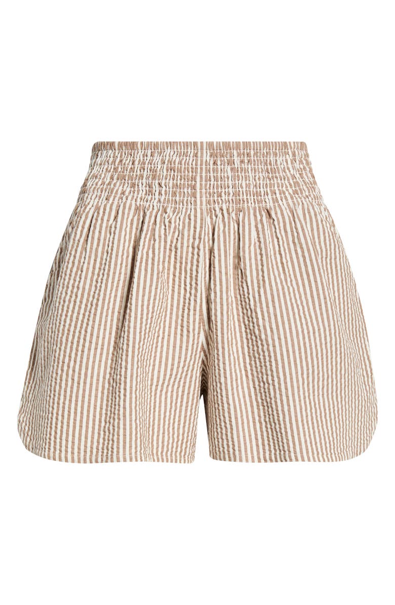 Marine Layer Isla Stripe Cotton & Kapok Seersucker Shorts, Main, color, Mocha Stripe