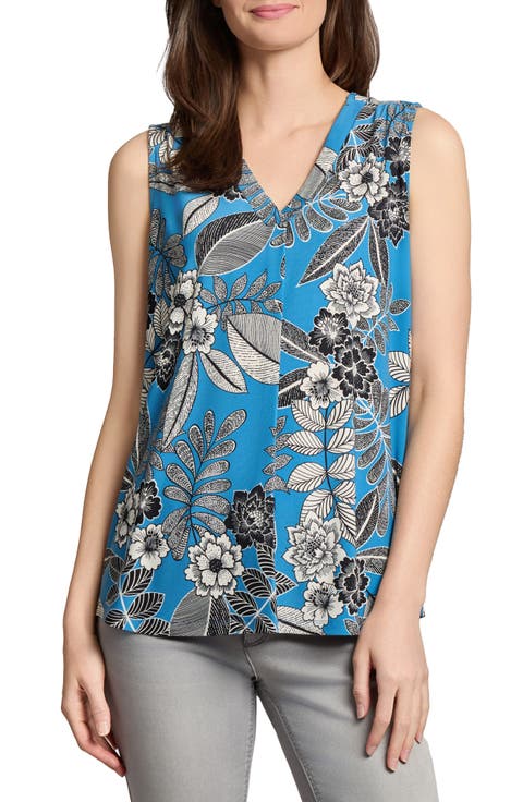 Leaf Print Pleat Front Sleeveless Top