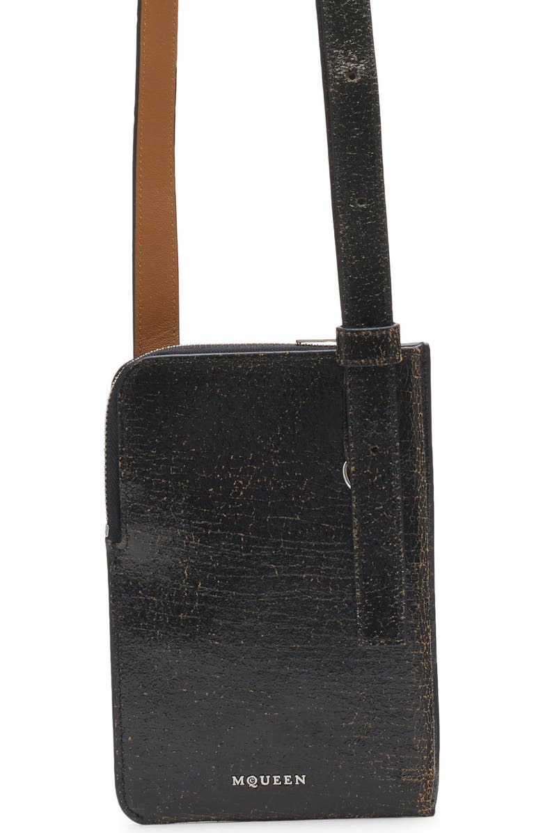 McQueen T-Bar Sling Crackle Leather Phone Holder, Main, color,