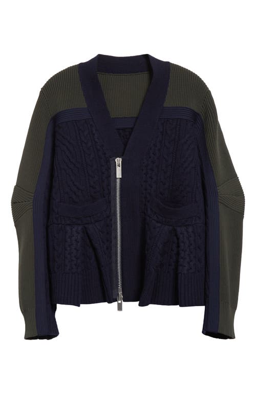 Sacai Mixed Media Colorblock Cardigan In Navy X Khaki 212