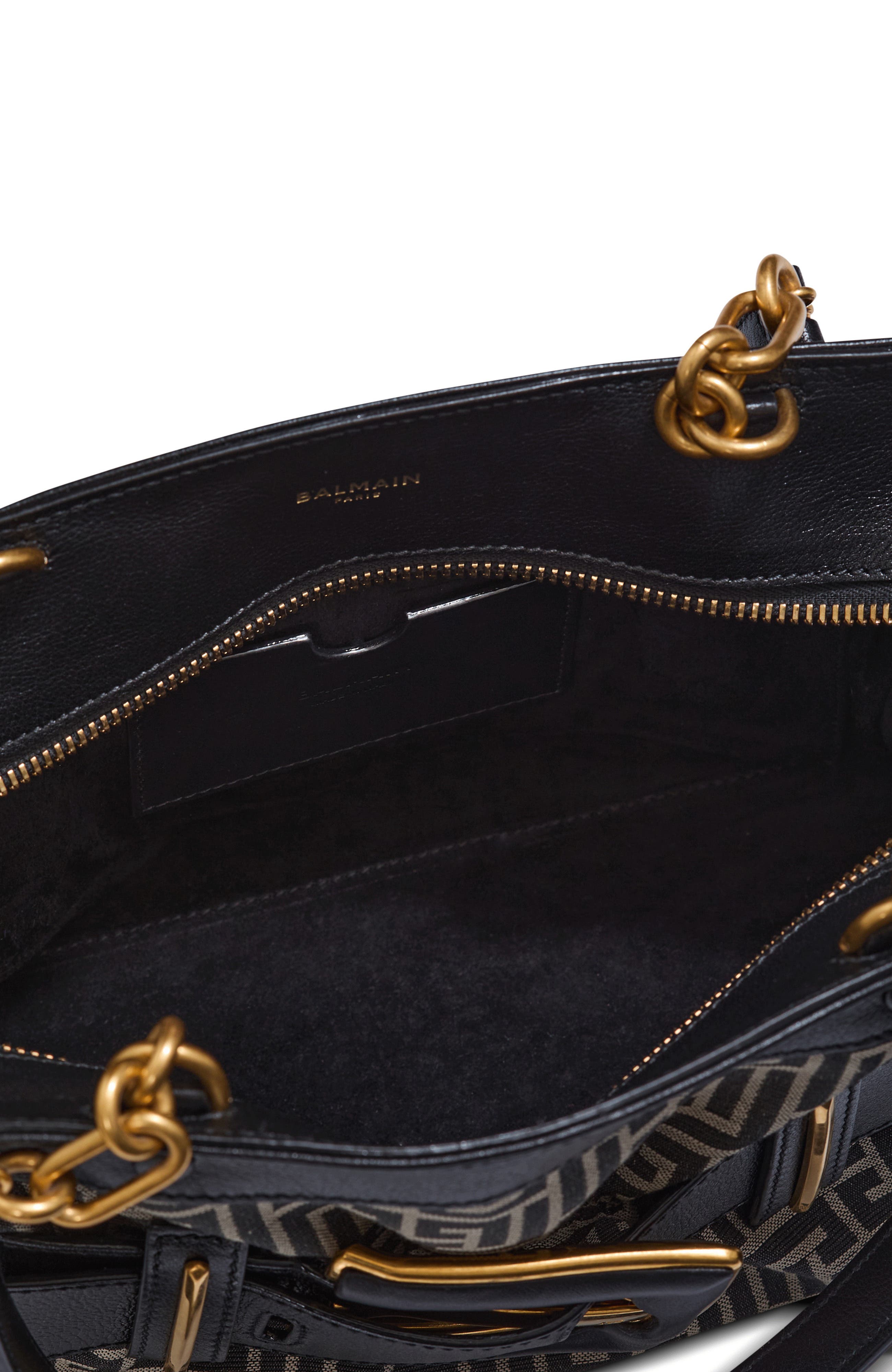 Balmain Leather and monogram jacquard Anthem bag, Alternate, color, Black