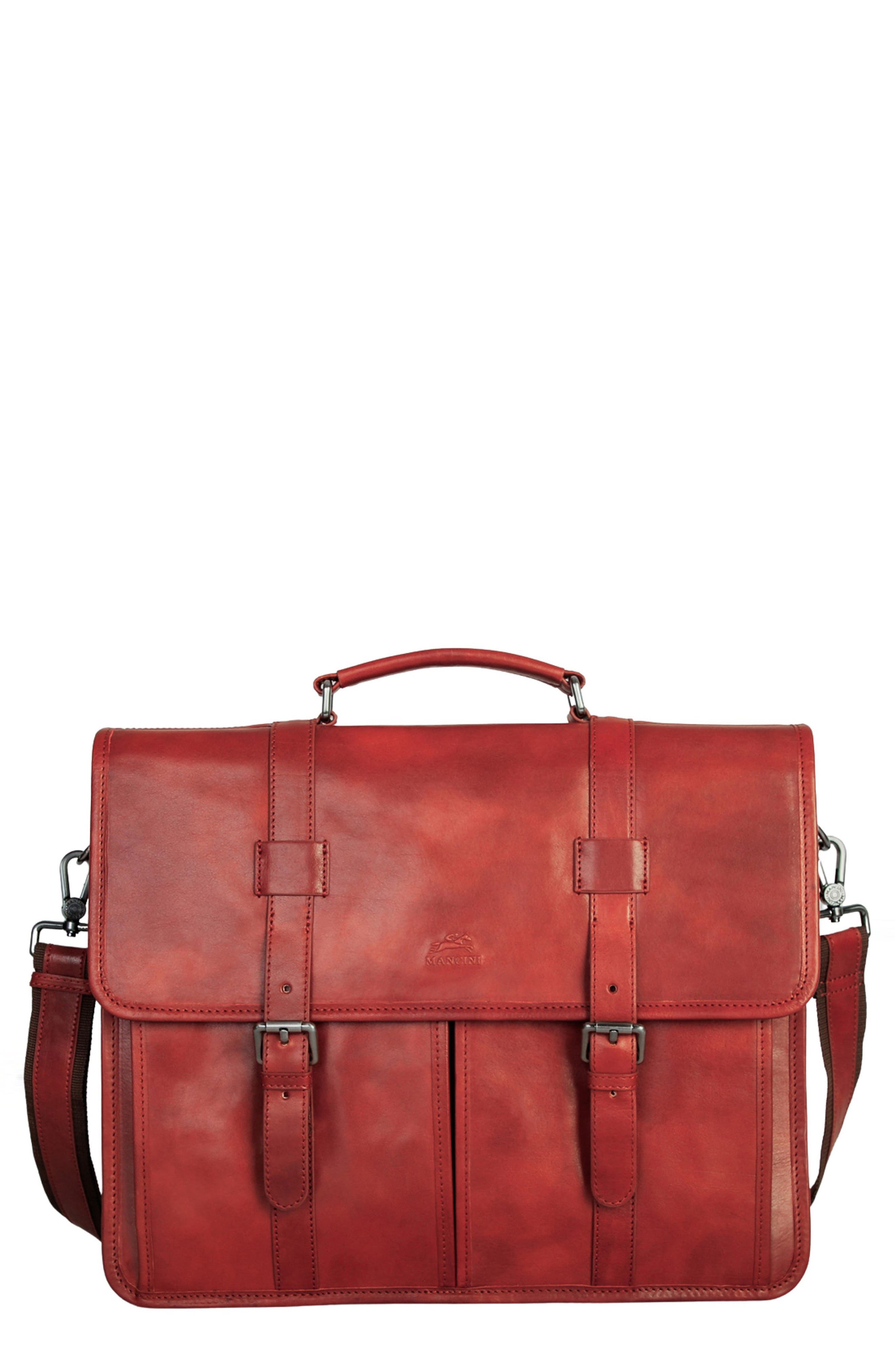 Double Compartment Leather Briefcase, Main, color, COGNAC