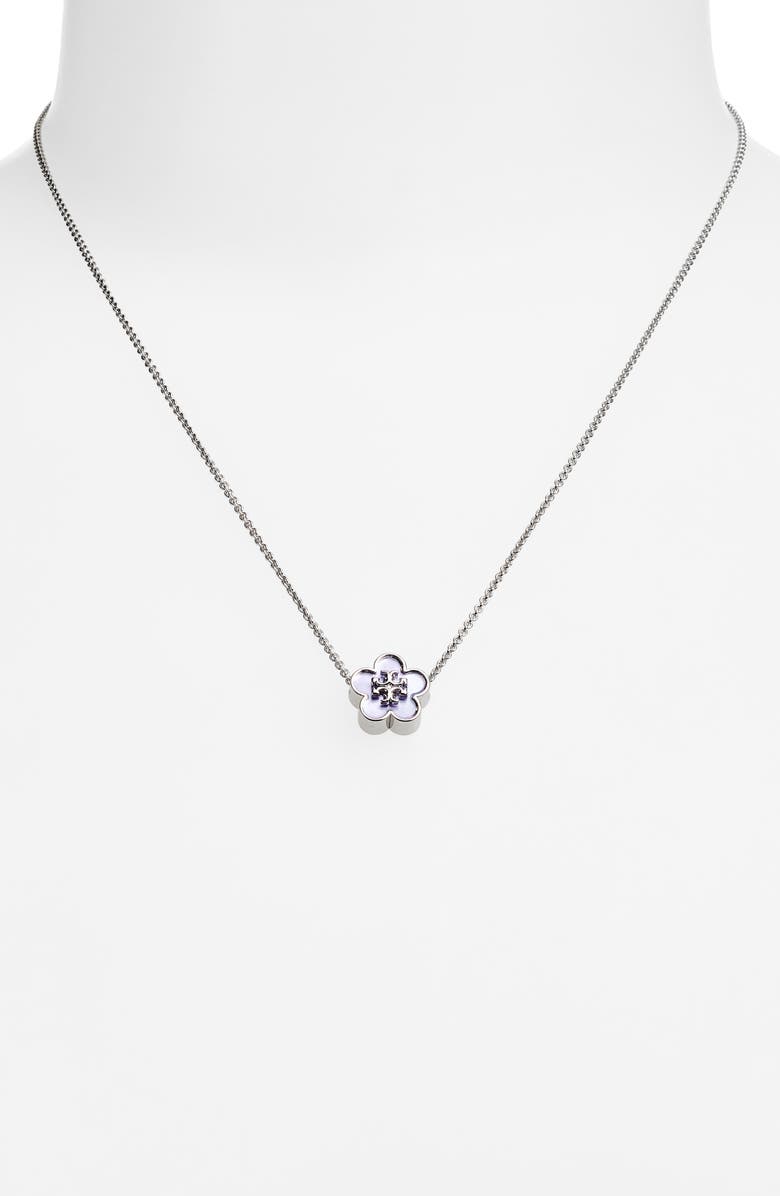 Tory Burch Forget Me Not Mother of Pearl Pendant Necklace, Alternate, color, Silver/ Purple