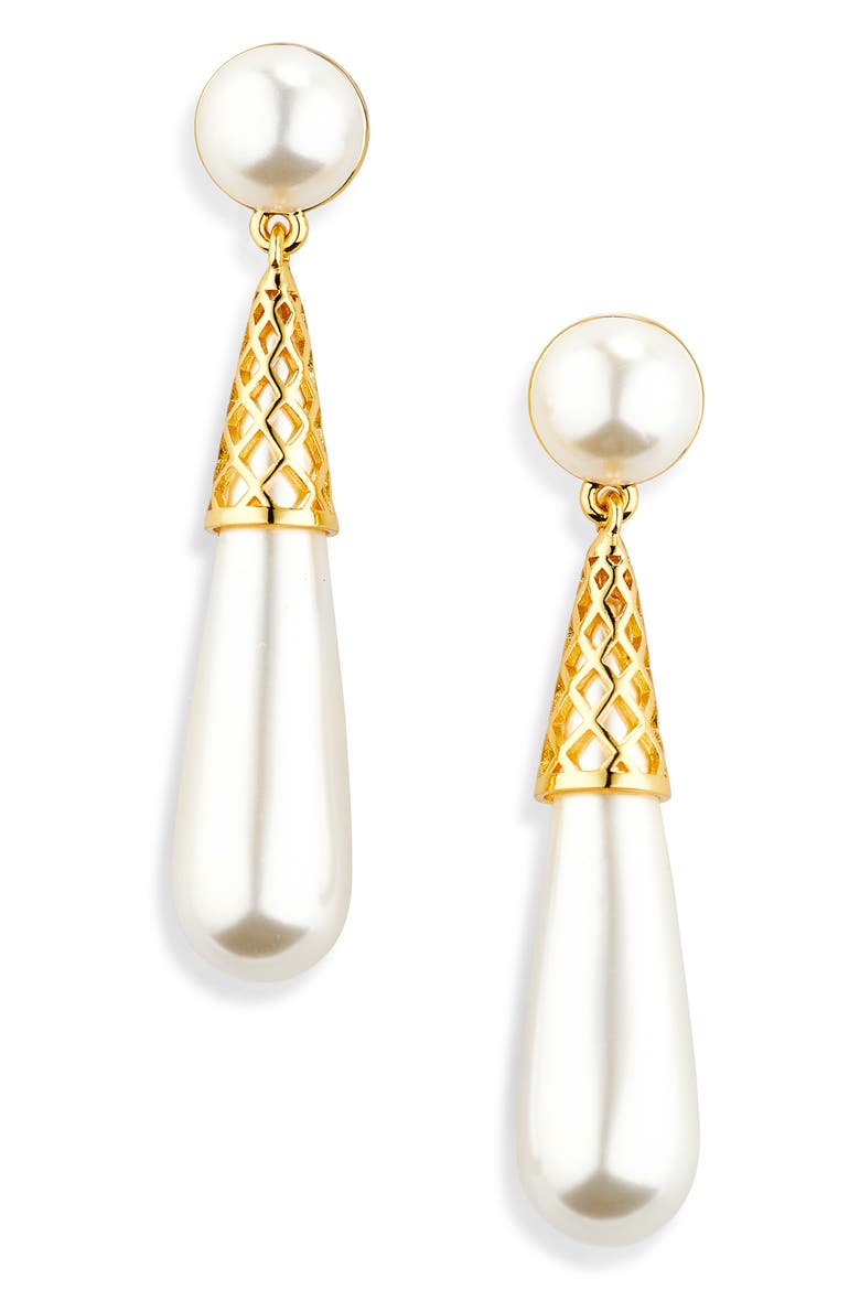Golden Cage Drop Earrings, Main, color, PEARL