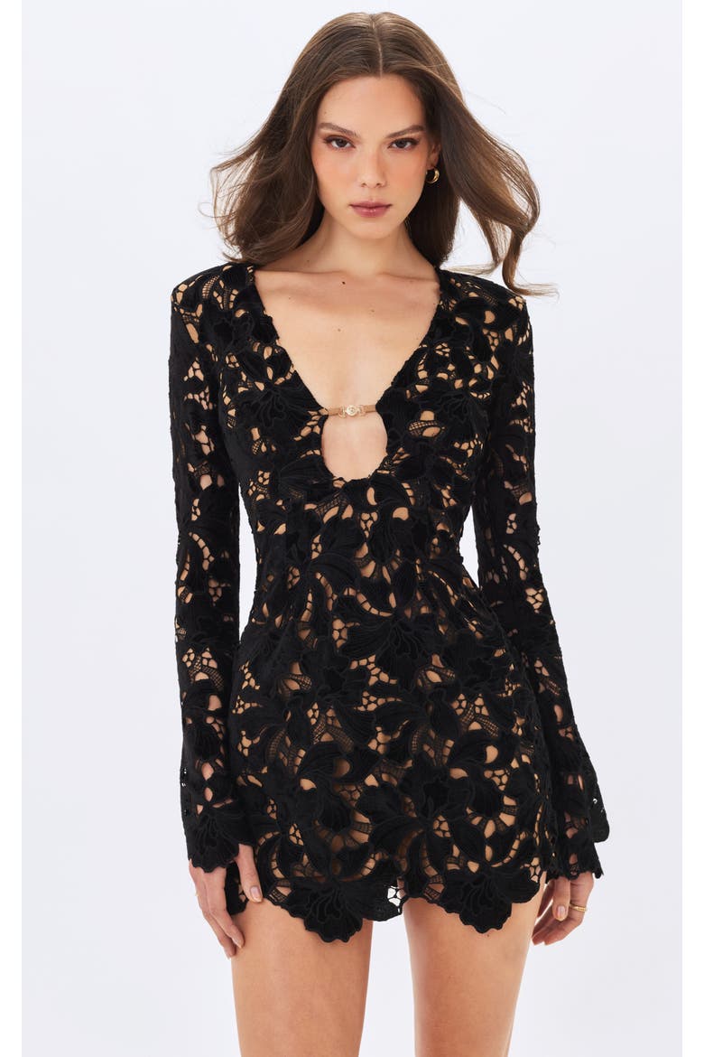 Penelope Velvet Lace Keyhole Mini Dress, Main, color, Black