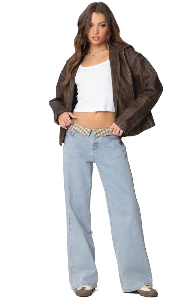 EDIKTED Peekaboo Plaid Low Rise Wide Leg Jeans, Alternate, color, Light-Blue