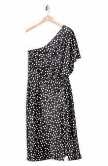 Renee C Polka Dot One-Shoulder Satin Midi Dress