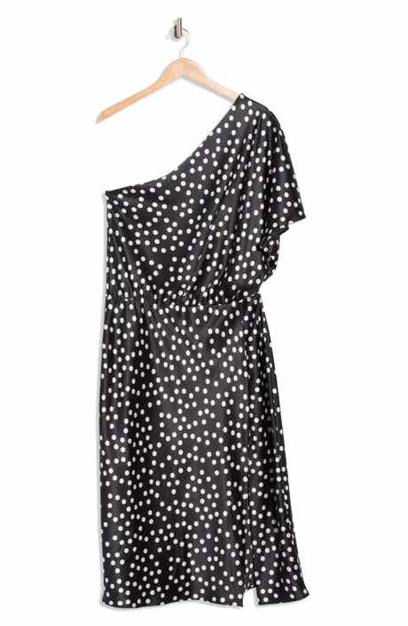 Renee C Polka Dot One-Shoulder Satin Midi Dress
