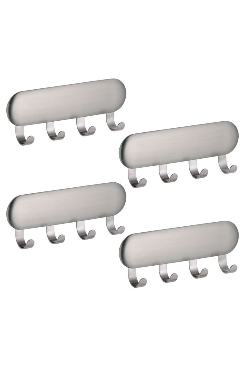 iDesign Self-Adhesive Key Rack with 4 Hooks - Set of 4 - Brushed, Main, color, Brushed Ss