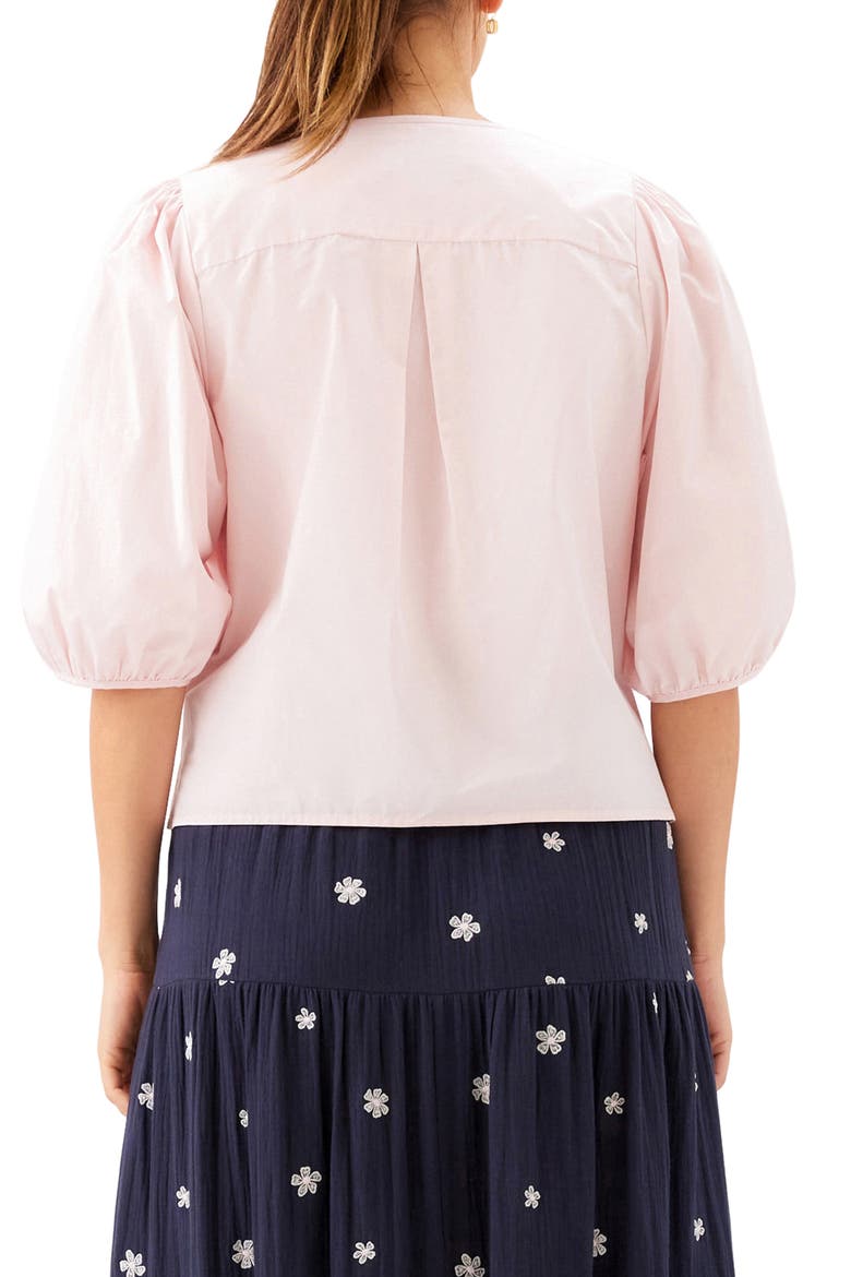 Puff Sleeve Faux Pearl Button Cotton Shirt, Alternate, color, ROSE