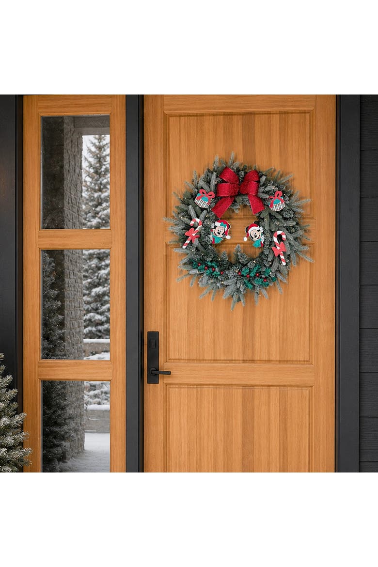 Disney Seasons Greetings Mickey and Minnie Mouse 26" Pre-Lit Christmas Wreath, Alternate, color, Green/Red
