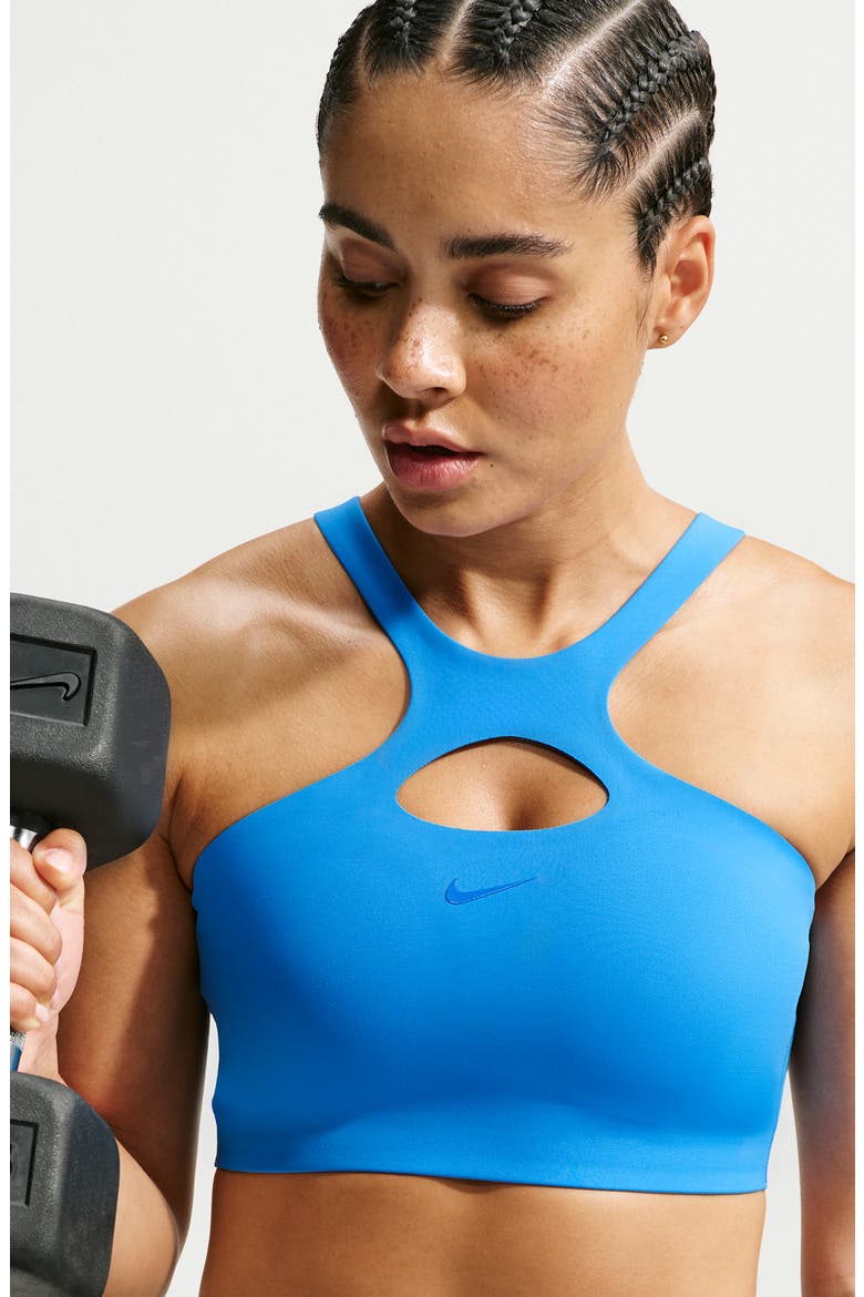 Universa Cutout Sports Bra, Alternate, color, LIGHT PHOTO BLUE/ BLUE SPARK