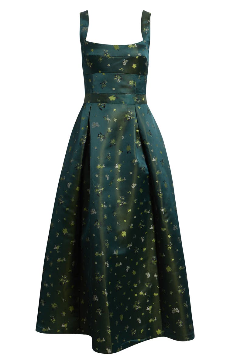 Pleated Seamed Bodice Jacquard Maxi Cocktail Dress