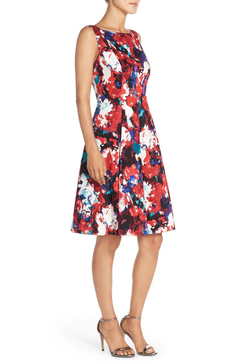 Print Stretch Cotton Sateen Fit & Flare Dress, Alternate, color, SOFT WHITE/ RED