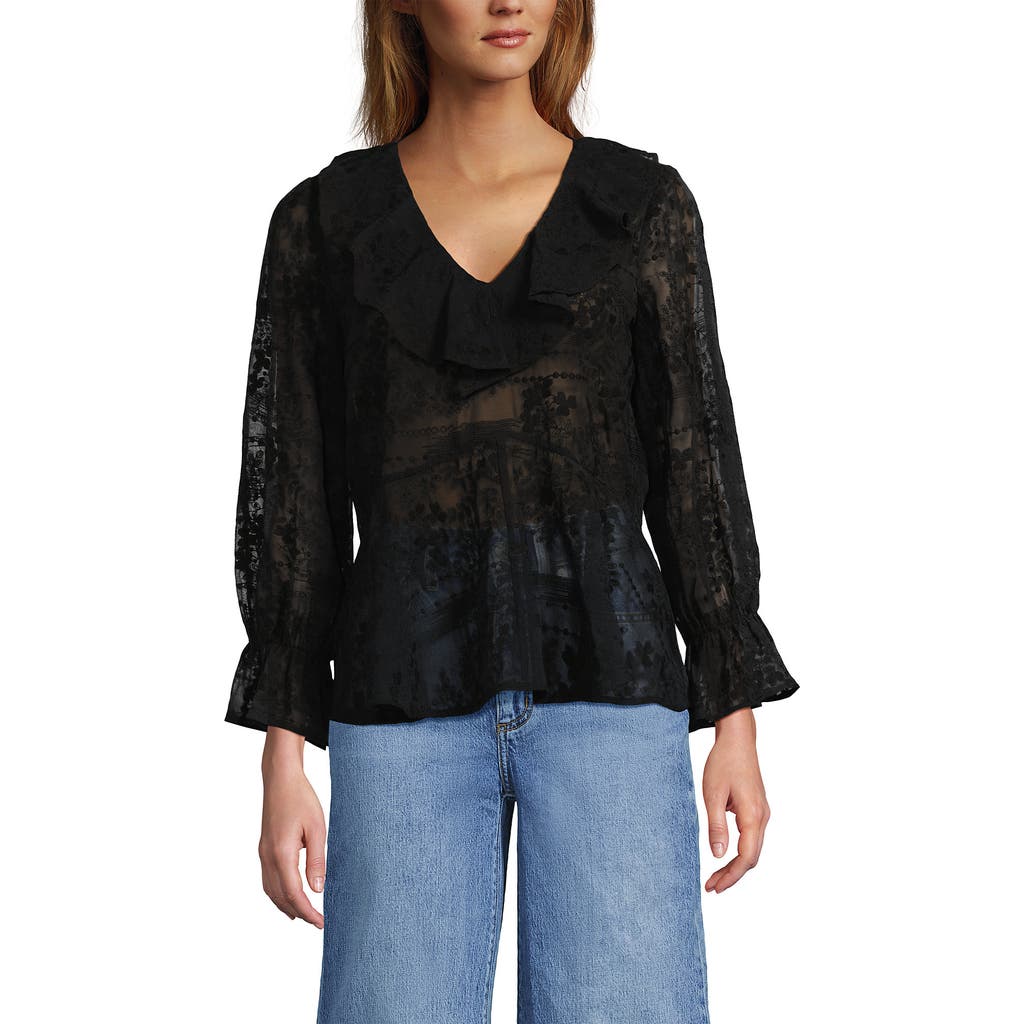 Lands' End Feminine Ruffle Chiffon V Neck Blouse In Black