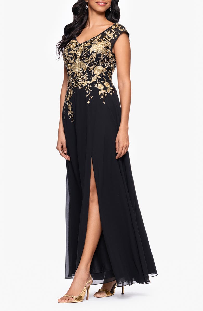 Betsy & Adam Embroidered Cap Sleeve Gown, Alternate, color,