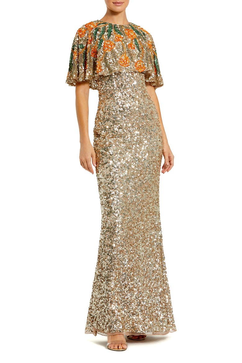Embellished Floral Beaded And Sequin Cape Gown, Main, color, Gold Multi