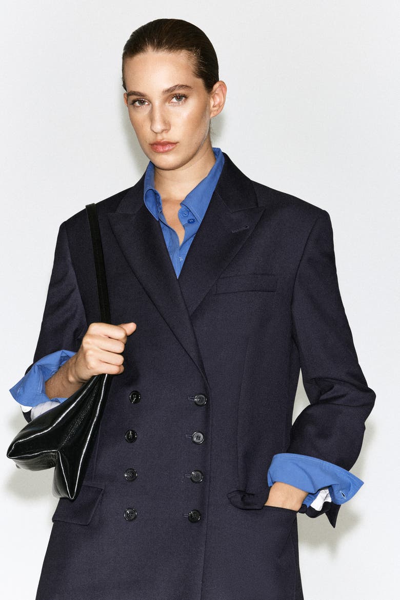Wool Double-Breasted Longline Blazer, Alternate, color, NAVY