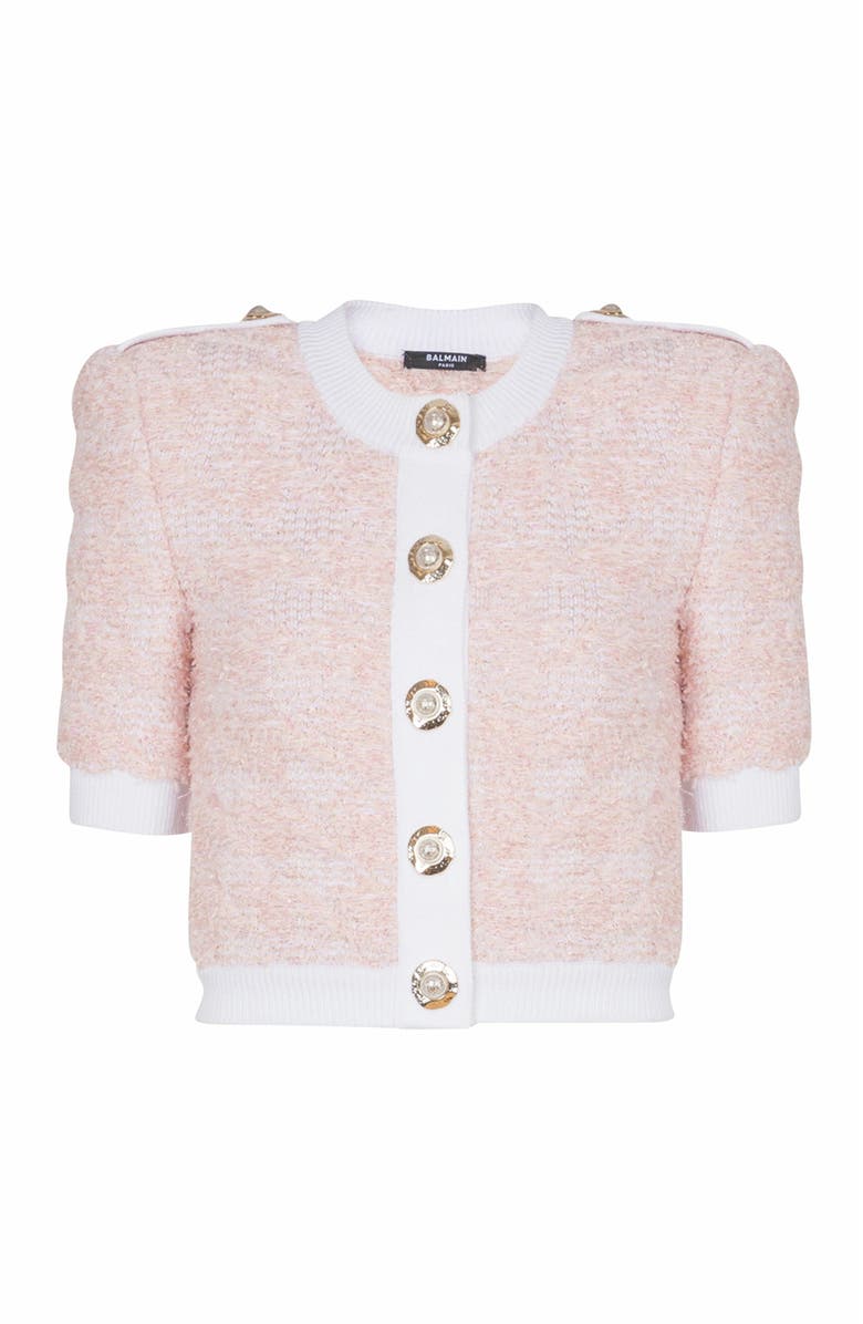 Balmain Short-Sleeved Knit Cardigan, Alternate, color, Pink