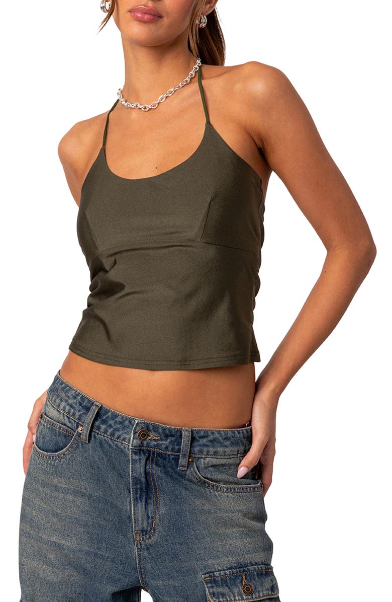 EDIKTED Sara Crop Halter Top, Main, color, Olive