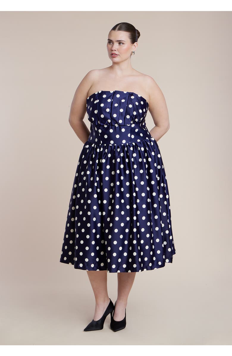 ELOQUII Strapless Polka Dot Flare Midi Dress, Alternate, color, Evening Dot