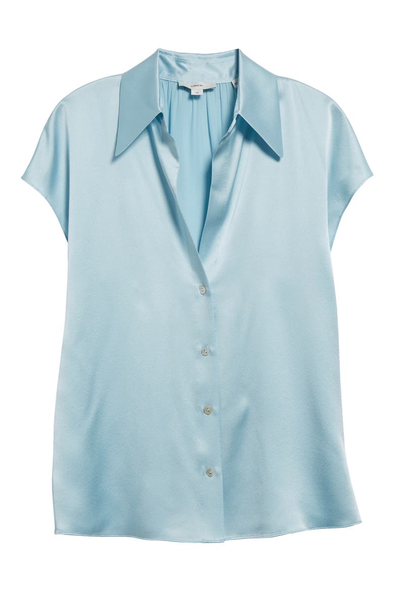 Cap Sleeve Gathered Back Short Sleeve Silk Button-Up Shirt, Alternate, color, CELESTE
