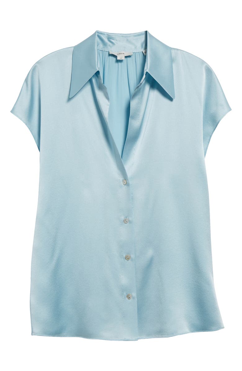 Vince Cap Sleeve Gathered Back Short Sleeve Silk Button-Up Shirt, Alternate, color, Celeste