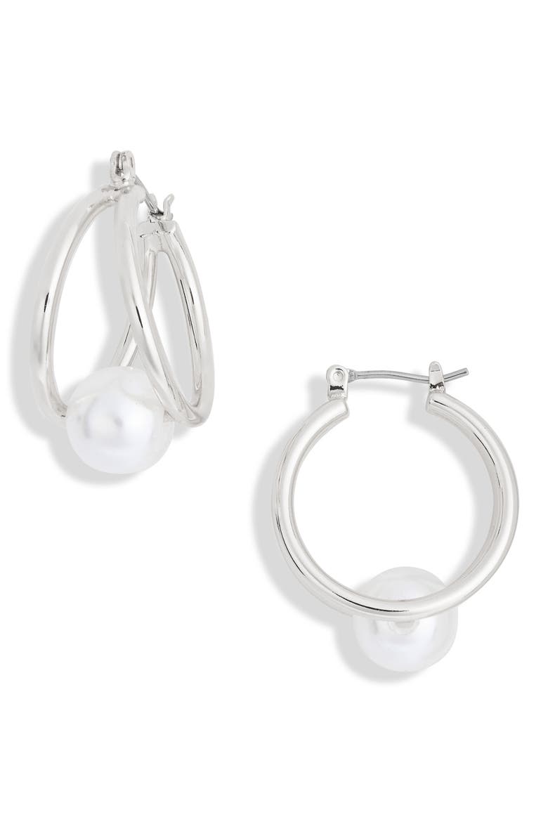 Faux Pearl Caged Hoop Earrings, Main, color, WHITE- SILVER