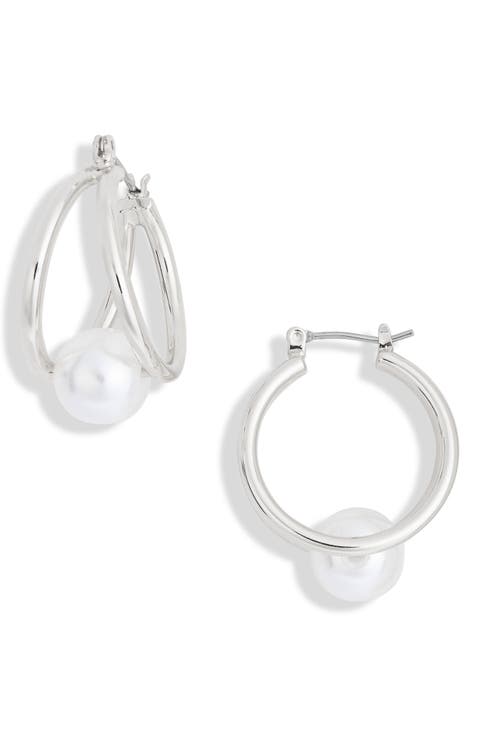 Faux Pearl Caged Hoop Earrings