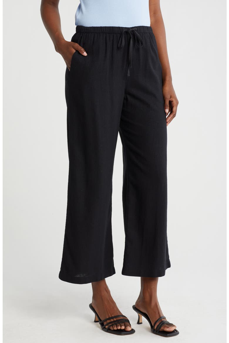 Pull-On Crop Wide Leg Linen Blend Pants, Main, color, BLACK