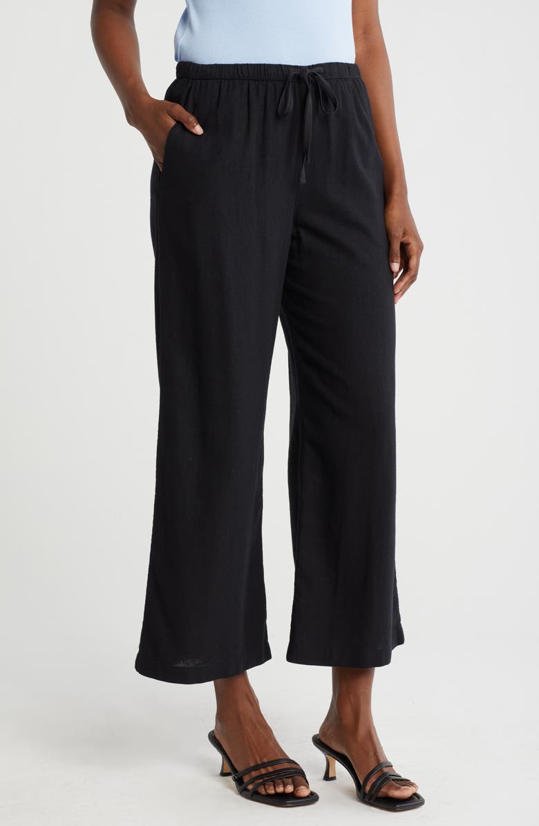 Caslon<sup>®</sup> Pull-On Crop Wide Leg Linen Blend Pants, Main, color, Black