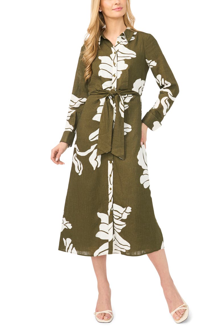 Long Sleeve Tie Waist Maxi Shirtdress, Main, color, OLIVE NIGHT