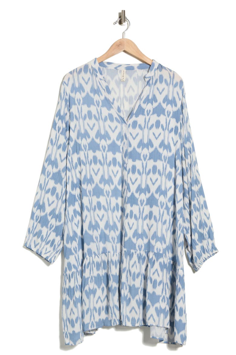 Ikat Long Sleeve Cover-Up Dress, Main, color, WHITE/ BLUE
