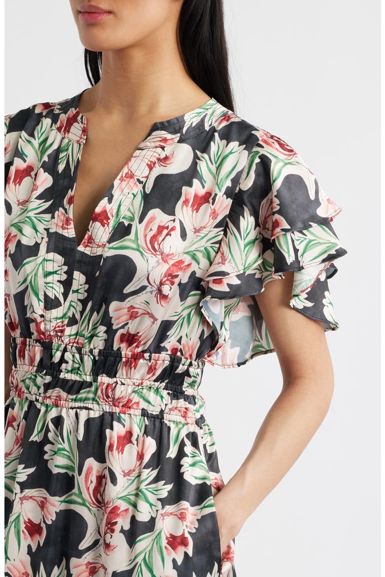 Floral Tiered Split Neck Ruffle Sleeve Satin Dress, Alternate, color, BLACK MULTI