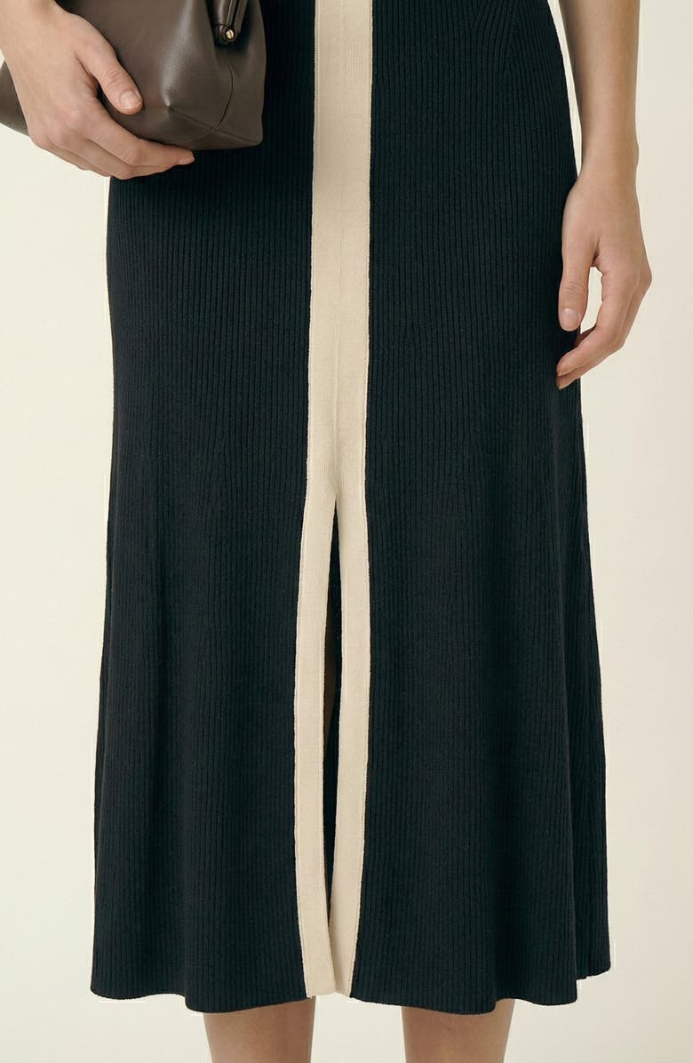 Modenaire Ribbed Knit Contrast Placket Midi Dress, Alternate, color, Black