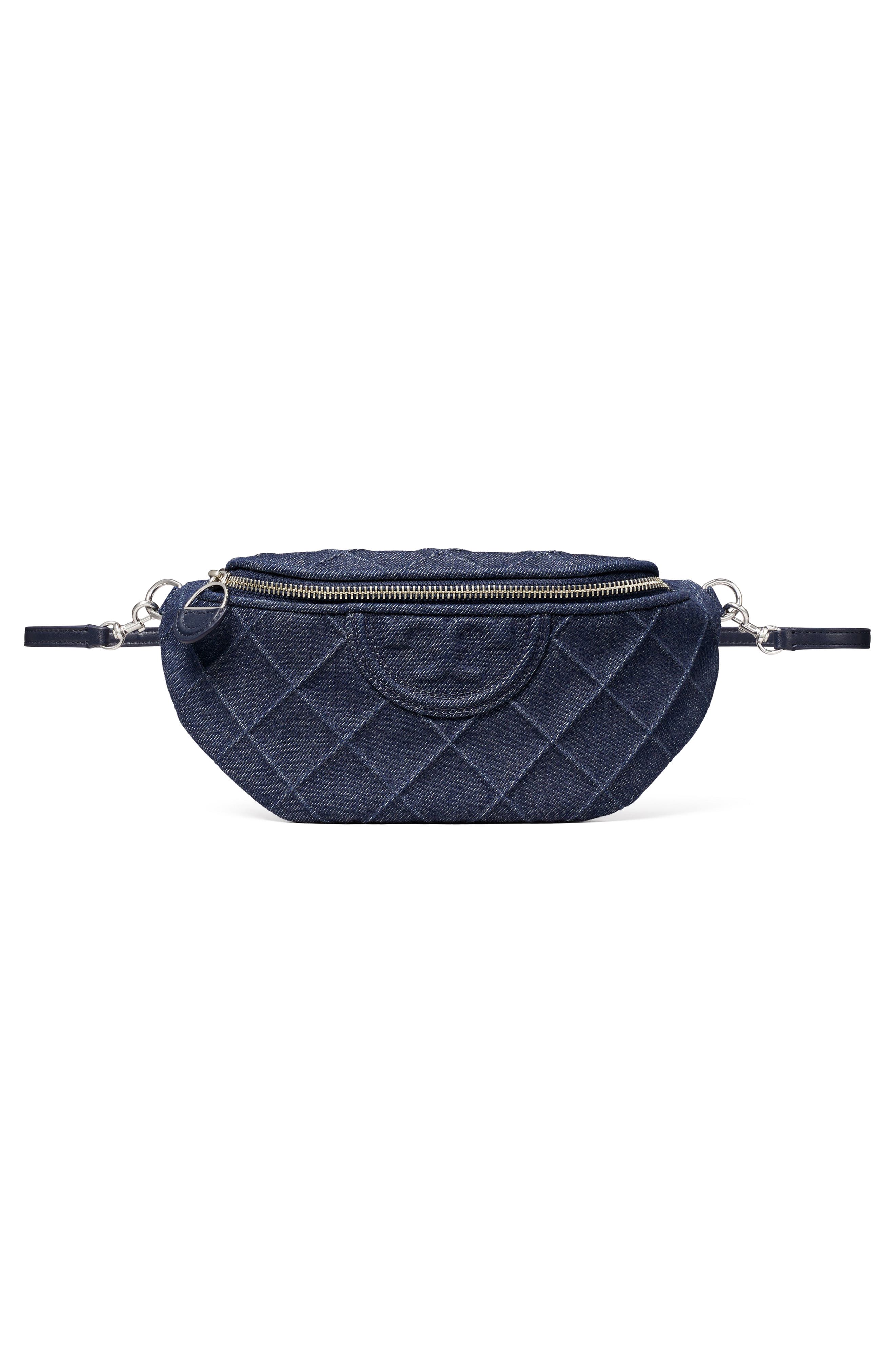 Tory Burch Fleming Quilted Denim Belt Bag, Alternate, color, Blue