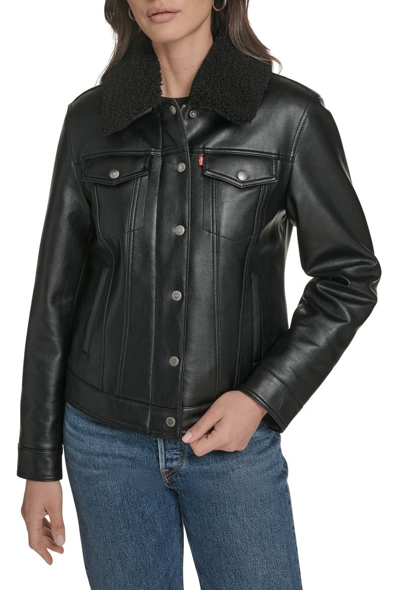Faux Leather Trucker Jacket, Alternate, color, BLACK