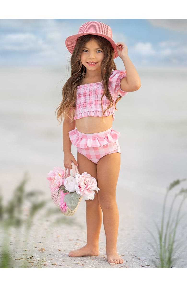 Mia Belle Girls Girls Perfect Pink Gingham Puff Sleeve Two Piece Swimsuit, Alternate, color, Pink