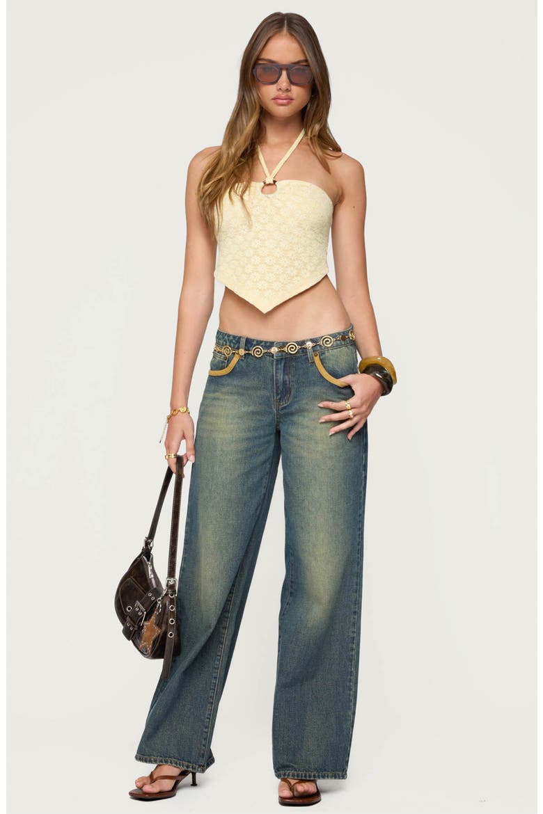 Faux Suede Trim Wide Leg Jeans, Alternate, color, BLUE-WASHED