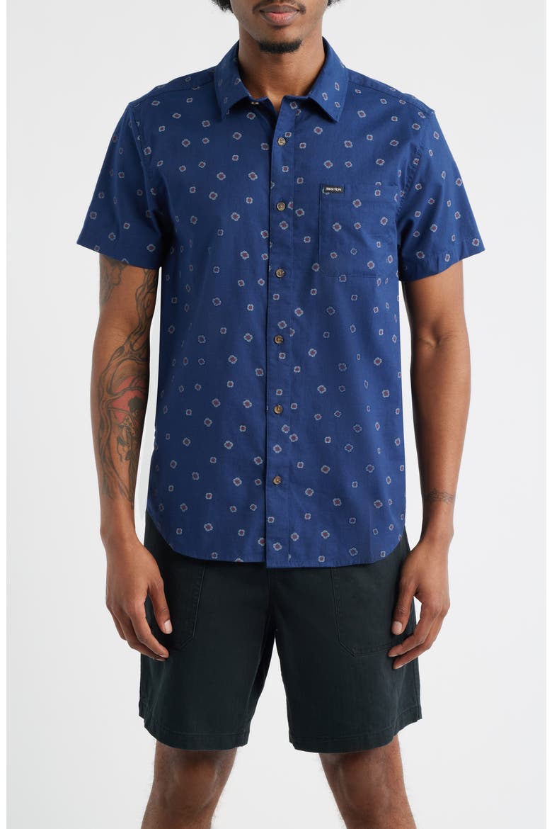 Charter Print Short Sleeve Button-Up Shirt, Main, color, MIDNIGHT BLUE GEO