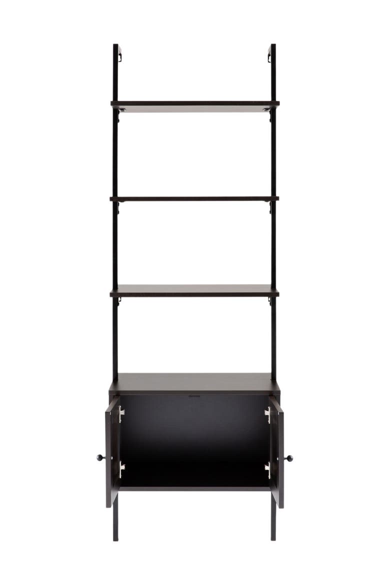Tulare MidCentury Industrial 4-Shelf Wood Wall-Mounted Open Ladder Bookcase with Cabinet and Metal Frame, Alternate, color, Black