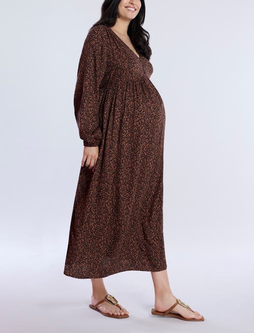 Motherhood Maternity Long Sleeve Button Front Maternity Midi Dress In Brown Animal