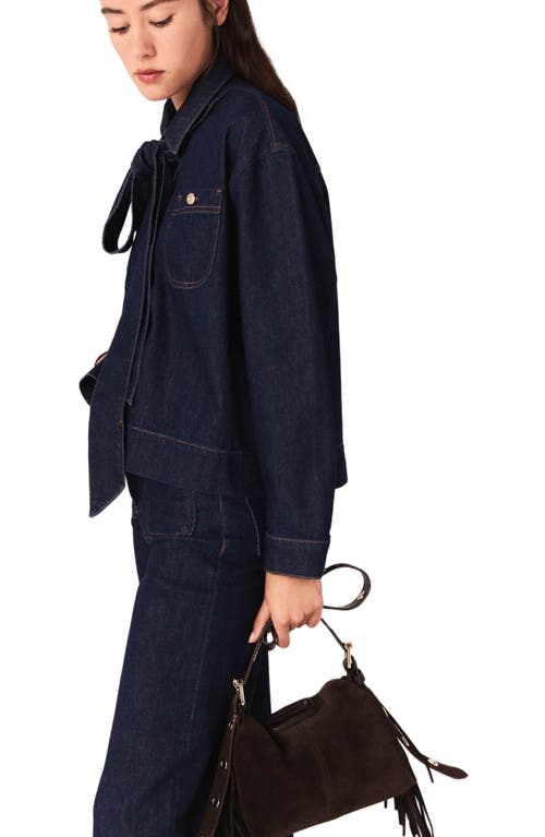 Maje Denim Shirt With Pussy Bow In Blue